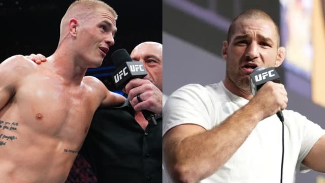 Rising welterweight Ian Garry, commentator Joe Rogan, and UFC middleweight champion Sean Strickland.